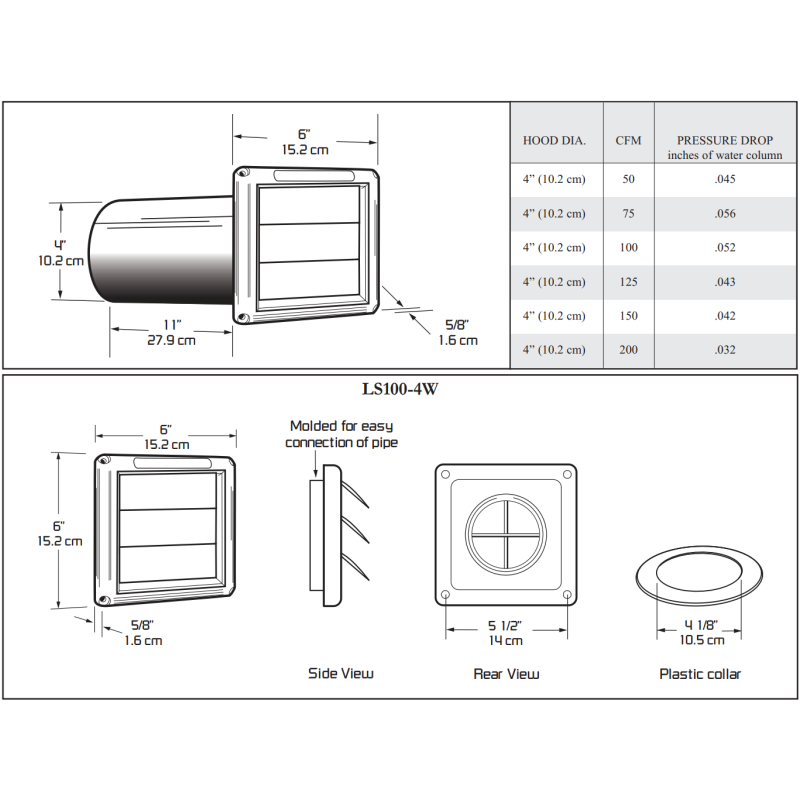 CFM LS100 4" Duct White Louvered Shutter with Tailpiece