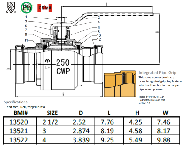 BMI 2-1/2" Brass Press-Fit Ball Valve 250WOG Lead-Free Item 13520 (Package Quantities)