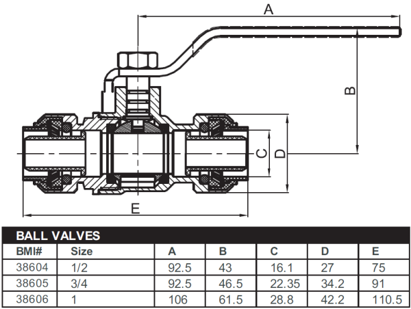 BMI 1/2" Brass Push-Fit Ball Valve Fitting Item 38604 (Package Quantities)