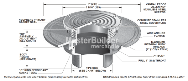 Mifab C1000-R-5-3 Floor Cleanout with 5" Round Heavy-Duty Stainless Steel Top