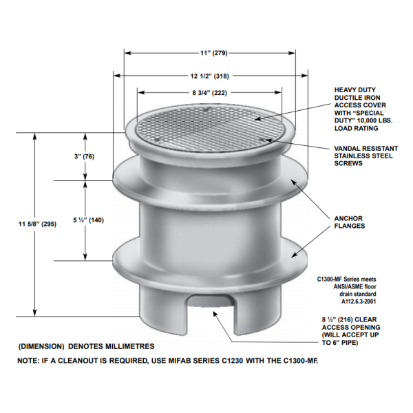 MIFAB C1300-MF-4 Heavy-Duty Cleanout Housing, Ductile Iron, 8.5" Clear Access Opening