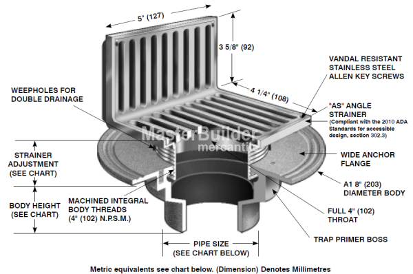 Mifab F1100-AS Floor Drain w/ Angle Strainer for Non-Membrane Floors