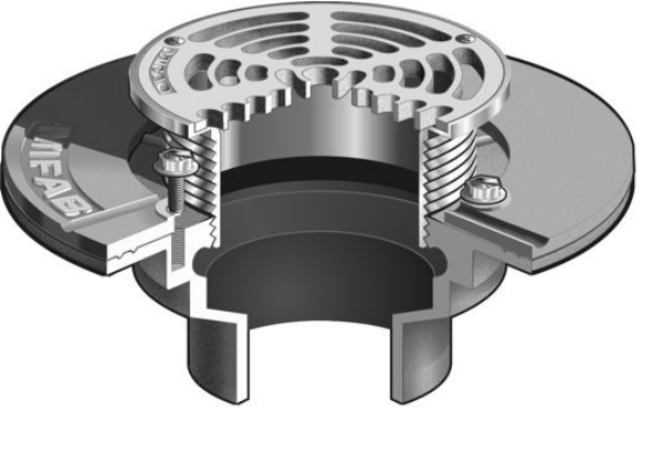 MIFAB F1100-C-5-4-7 Floor Drain Membrane Floors, Clamp Collar, 5" Round Heavy-Duty Ductile Iron Strainer, Trap Primer Connection, 2" 3" 4" No-Hub Connection