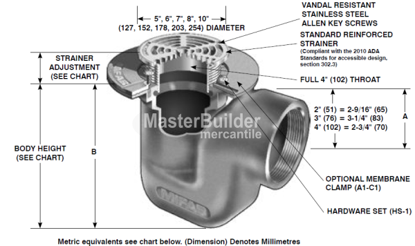 MIFAB F1124T-C-5-3 Terrace Drain w/ Integral Deep Seal Trap, 4" Threaded Connection, 5" Round Heavy-Duty Stainless Steel Strainer, Clamp Collar