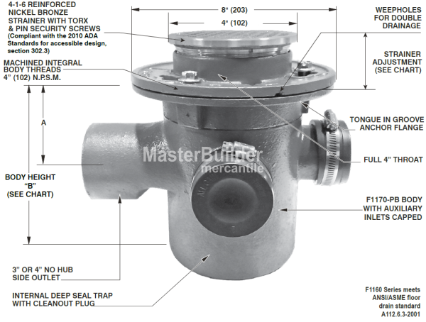 Mifab F1163-4-1-6 Prison Cell Floor Drain w/ 3" No-Hub Connection, 4" Reinforced Nickel Bronze Strainer w/ Torx & Pin Screws