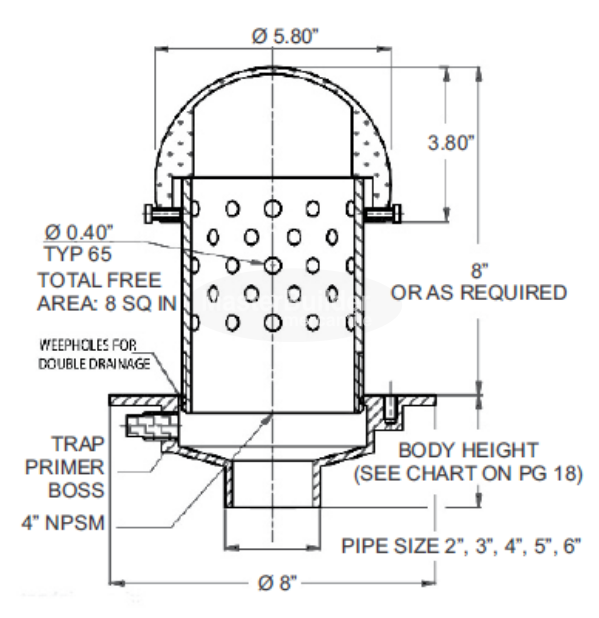 MIFAB F1830-P-3 Series Planting Area Drain with 8" High Perforated Standpipe and Stainless Steel Dome