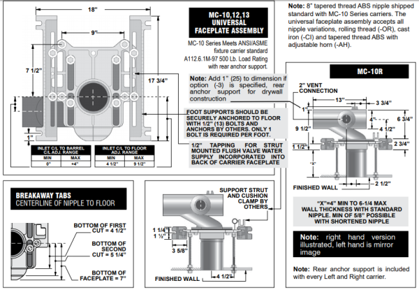 MIFAB MC-10 Water Closet Carrier, Horizontal, Adjustable