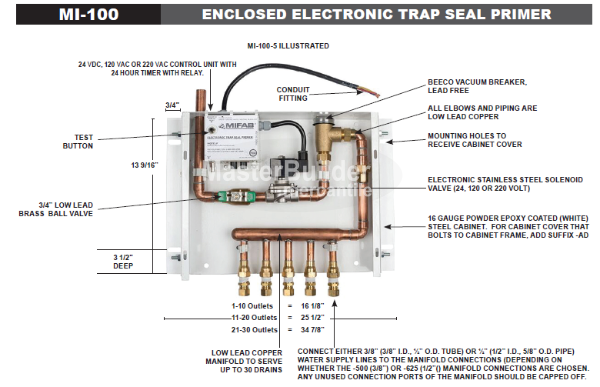 MIFAB MI-100-10 Enclosed Electronic Trap Seal Primer, 6-10 Opening Ports with Cabinet