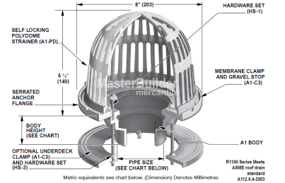 MIFAB R1103-12A-B-U 8" DIA. Roof Drain, 3" No-Hub Connection, Galvanized Body and Membrane Clamp (-12A), Sump Receiver (-B), Underdeck Clamp (-U)