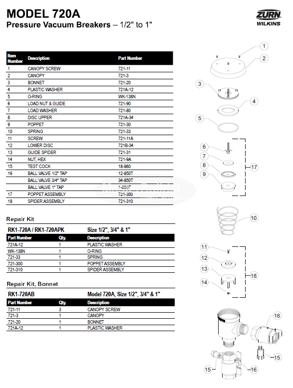 Zurn Wilkins RK1-720A Complete Repair Kit