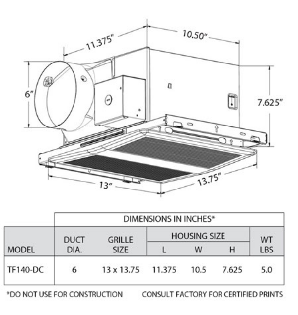 CFM TF140-DC Tranquil Residential Bathroom Fan