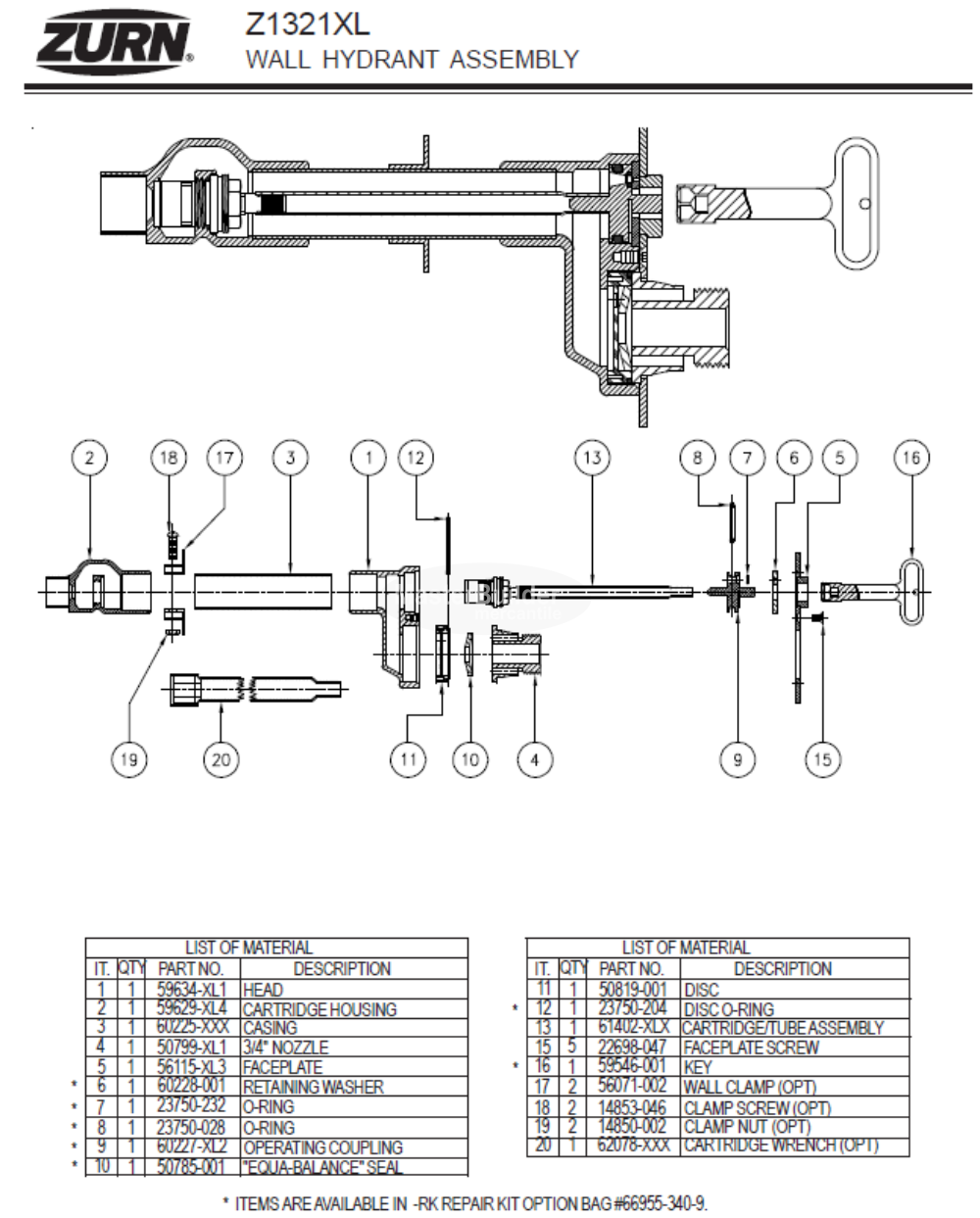 Zurn HYD-RK-Z1321XL/Z1333XL Hydrant Parts Repair Kit 66955-340-9