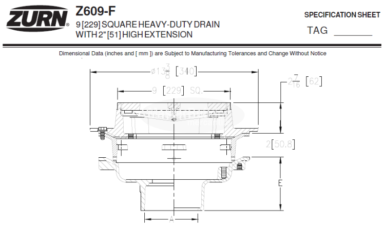 SQUARE HEAVY-DUTY DRAIN WITH 2” [51] HIGH EXTENSION