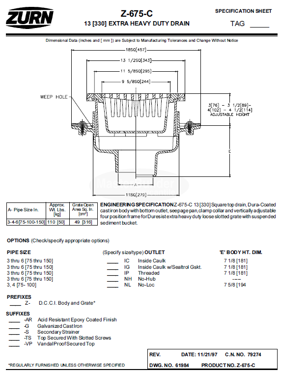 Zurn Z675-C 13" Extra-Heavy-Duty Drain w/ Suspended Sediment Bucket and -C Clamp Collar