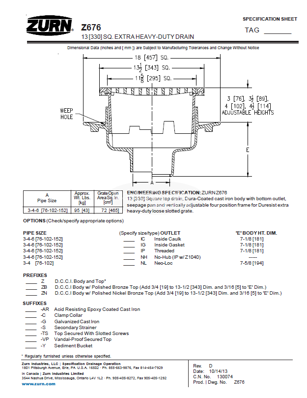 Zurn Z676 13" Vertically Adjustable Extra-Heavy-Duty Drain