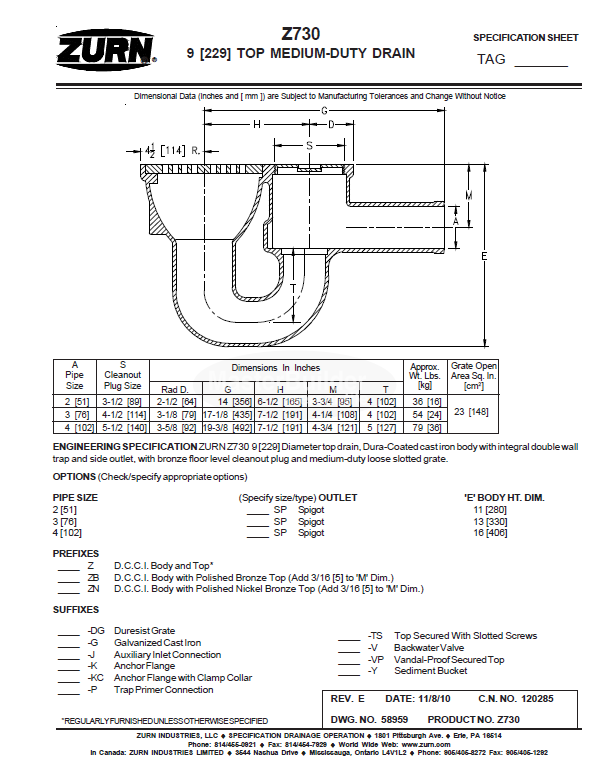 Zurn Z730 9" Medium-Duty Top Drain w/ Integral Double Wall Trap, Side Outlet, Bronze Cleanout