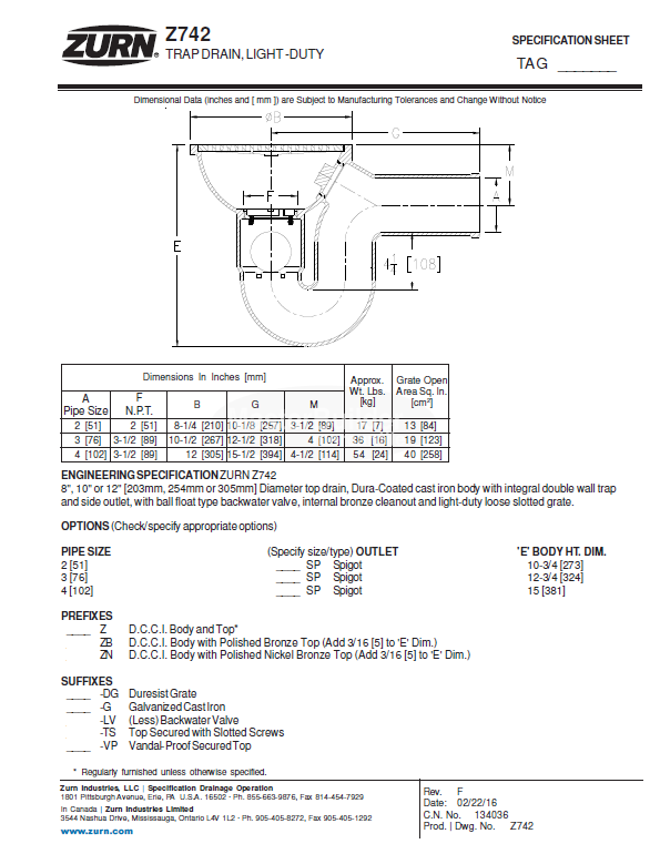 Zurn Z742-2SP 8" Light-Duty Top Drain w/ Integral Double Wall Trap, Side Outlet, Backwater Valve