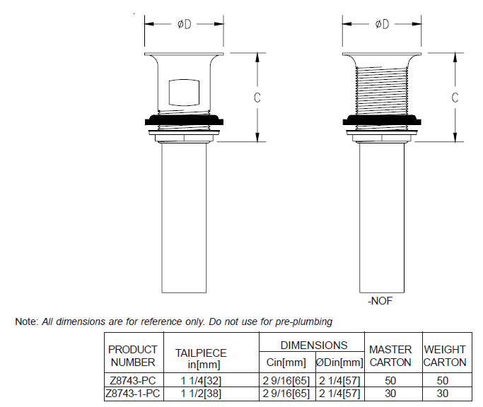 Zurn Z8743NOF-PC 1-1/4" 17-Gauge Solid Top Open Grid Strainer Less Overflow