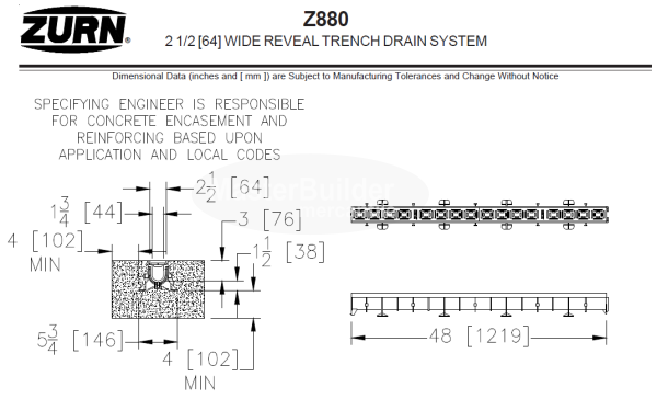 Zurn Z880-POG 2-1/2" Wide Non-Sloped Linear Trench Drain w/ ADA Heel-Proof Poly Grating, 48" Section