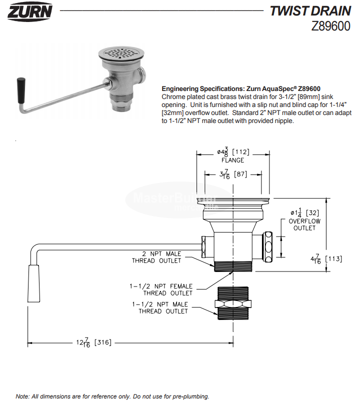 Zurn Z89600 AquaSpec® Rotary Twist Drain