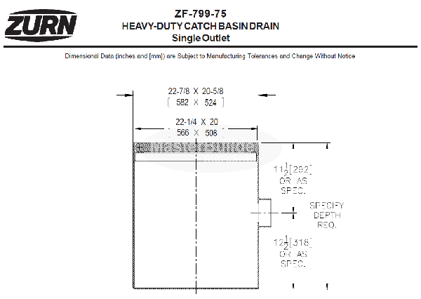 Zurn ZF799-75 22-7/8" x 22-7/8" [582mm x 524mm] Heavy-Duty Catch Basin Drain Single Outlet, Class 'F' Grate